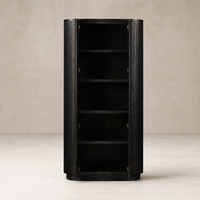 Beatrix Cabinet in Cerused Black Oak with a sleek curved design and open shelving.