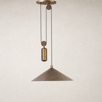 Burnished brass aluminum pendant light with a conical shade and cylindrical accent.