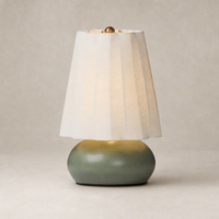 Matte sage ceramic table lamp with a textured round base and soft fabric shade.