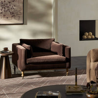 Savannah Chair in Surrey Cocoa featuring plush cushions and elegant wooden legs.