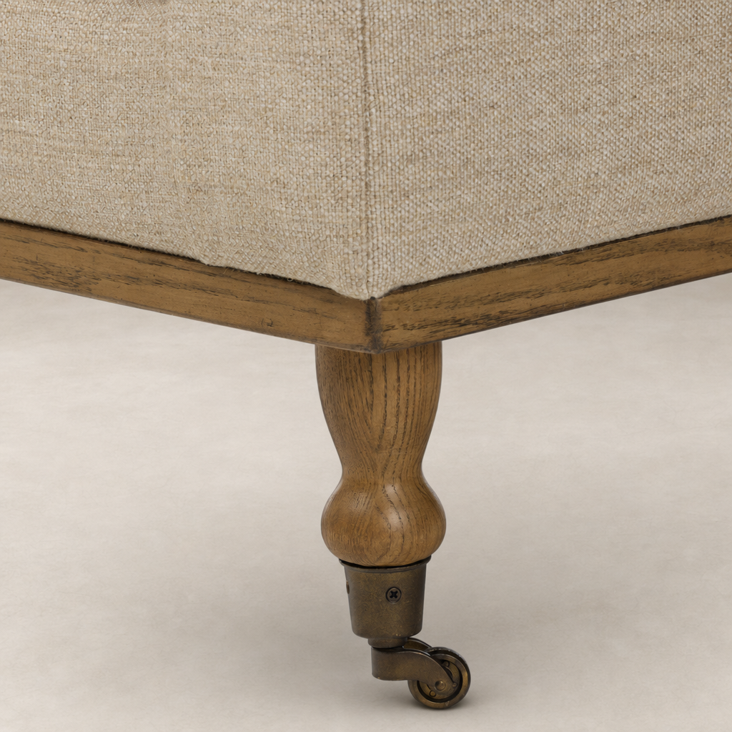 Savannah Chair in Alcala Wheat featuring a sturdy wooden leg with caster wheel.