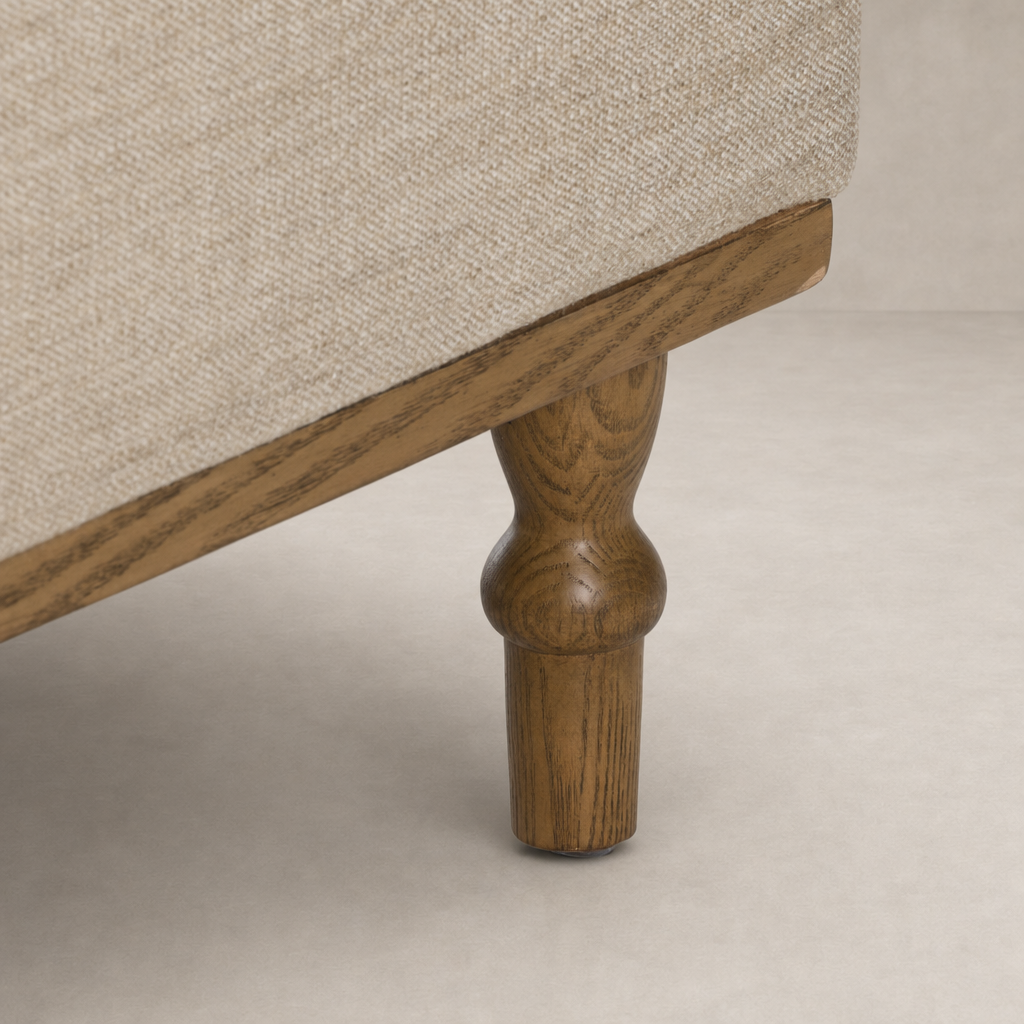 Savannah Chair with Alcala Wheat fabric and unique turned wood leg detail.