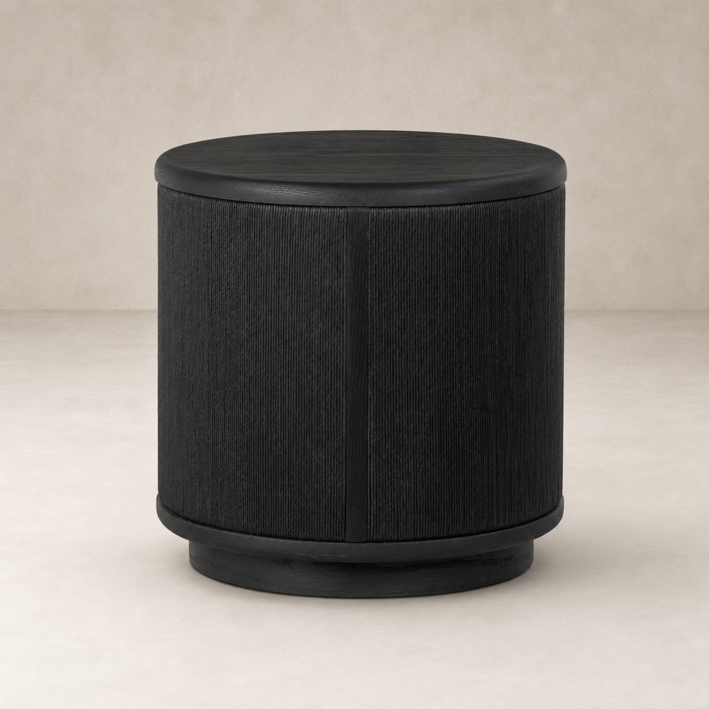 Roselle End Table featuring a sleek black finish and textured surface.