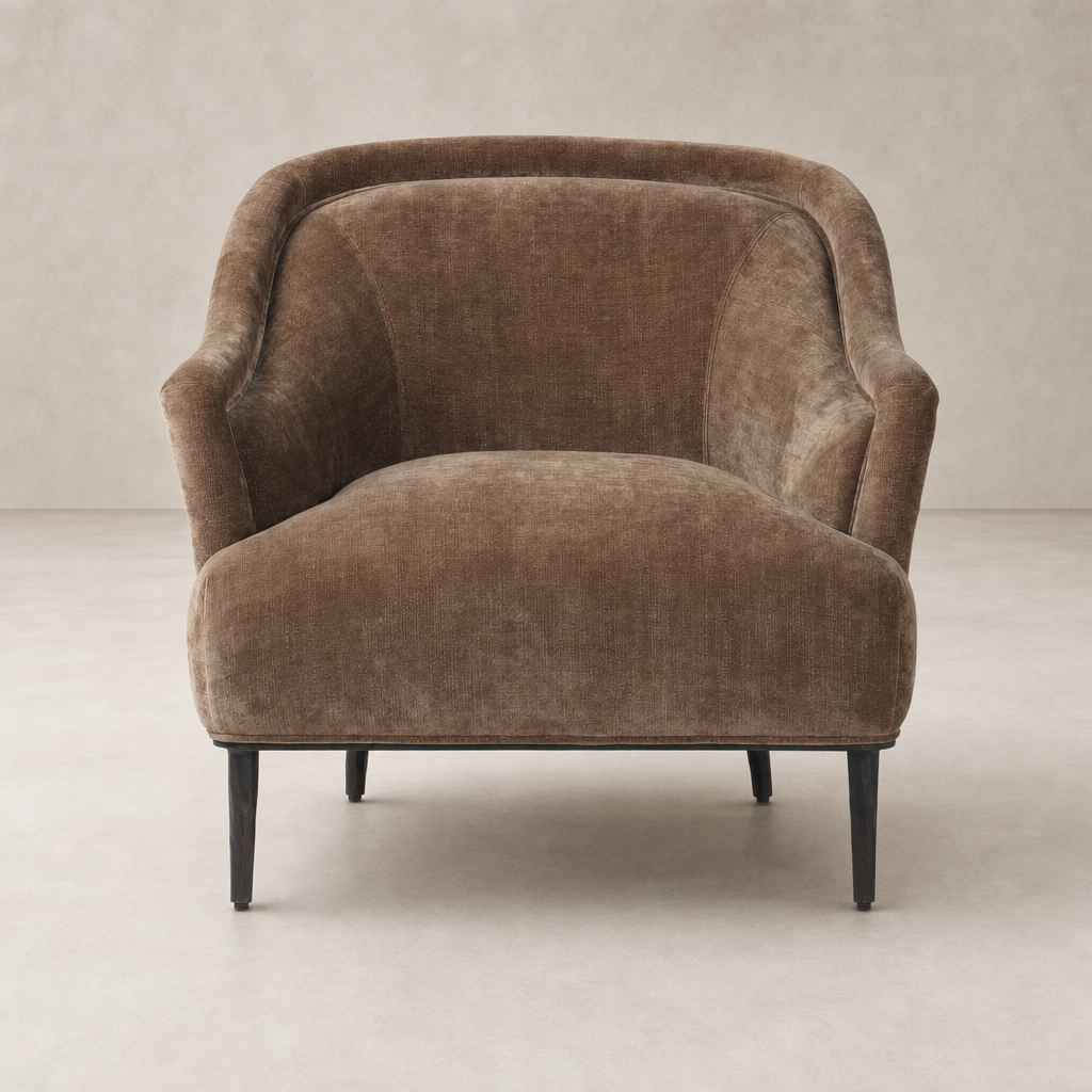 Wells Chair in Altair Mushroom features a plush, rounded design with elegant legs.