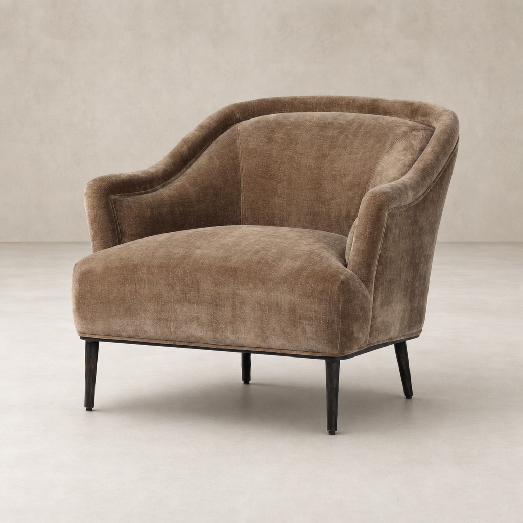 Wells Chair in Altair Mushroom, featuring a curved back and plush upholstery.