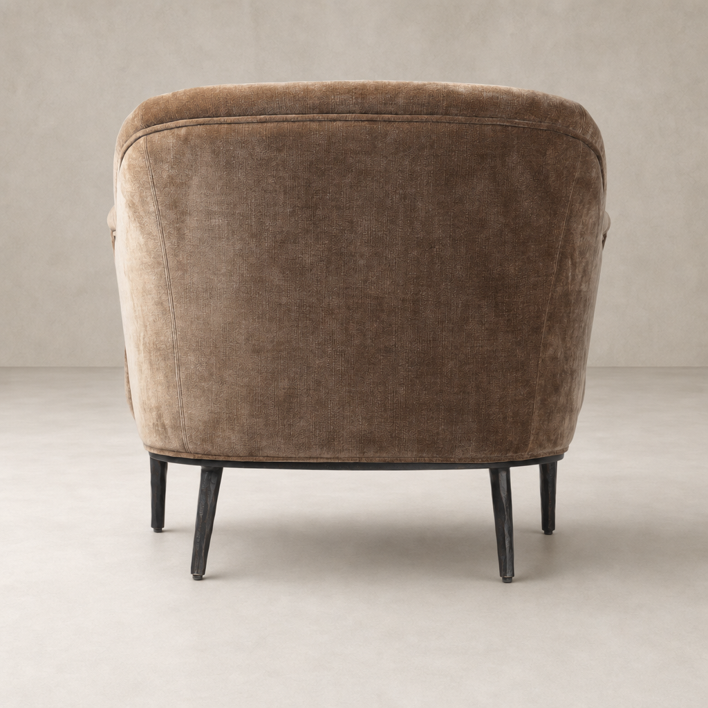 Wells Chair in Altair Mushroom with a textured fabric and sleek black legs.