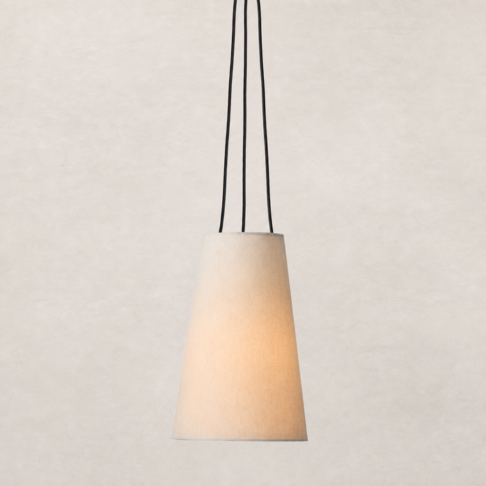 Jet black pendant light with a sleek, minimalist cone shape and warm illumination.