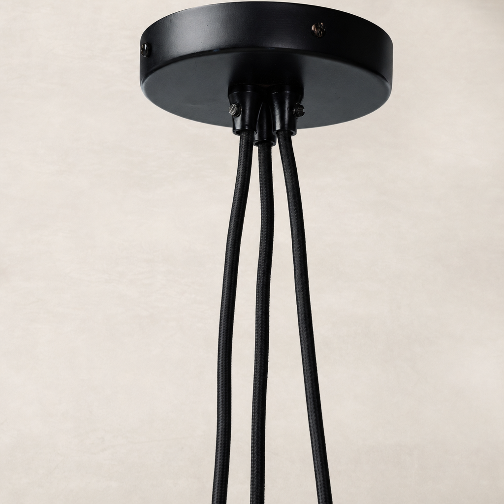 Jet black pendant light with sleek, modern design and multiple hanging cords.