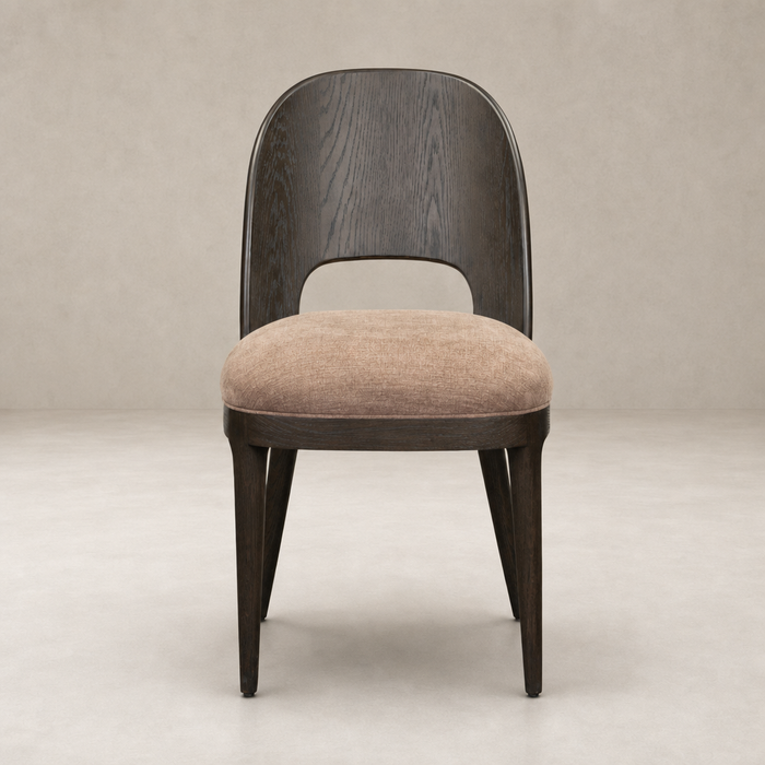 Hawthorne Dining Chair in Laughlin Cafe with a curved backrest and plush seat.