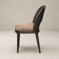 Hawthorne Dining Chair in Laughlin Cafe with curved back and upholstered seat.