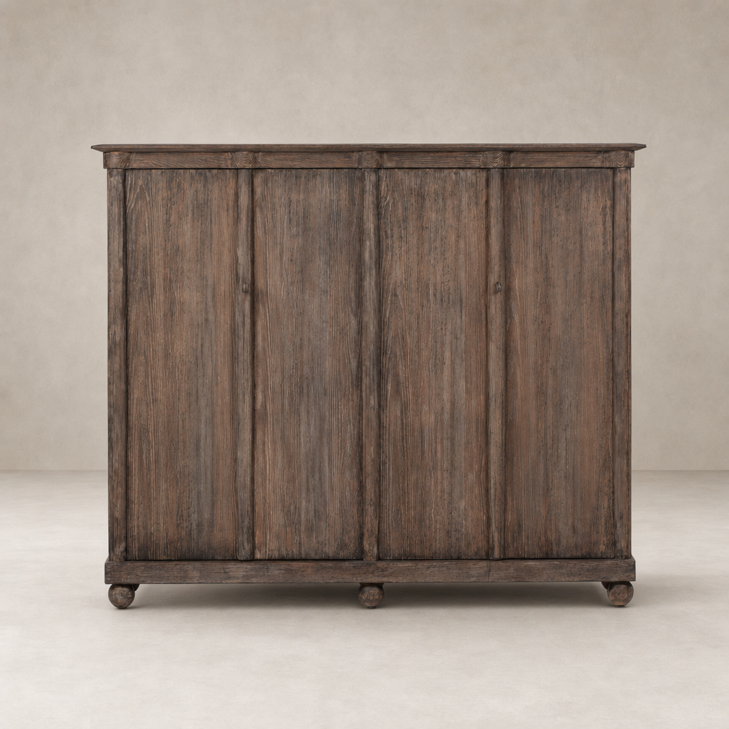 Lisbon Cabinet in distressed cocoa pine featuring rustic charm and textured wood finish.