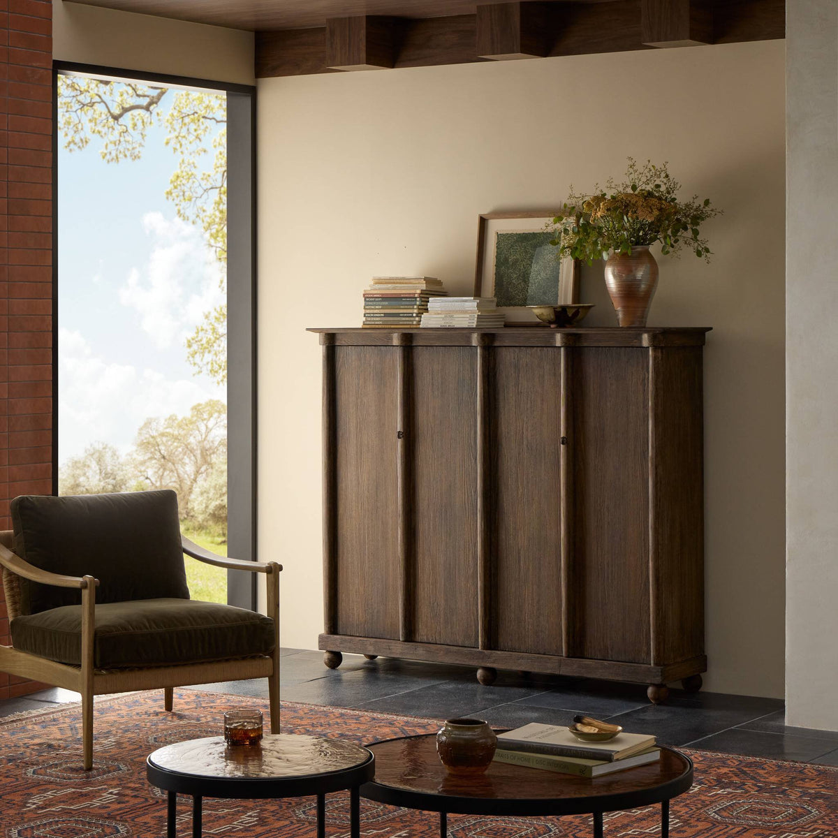 Lisbon Cabinet in distressed cocoa pine, featuring a sleek, vintage design ideal for modern living spaces.