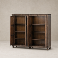 Distressed Cocoa Pine Lisbon Cabinet featuring open doors and spacious wooden shelves.
