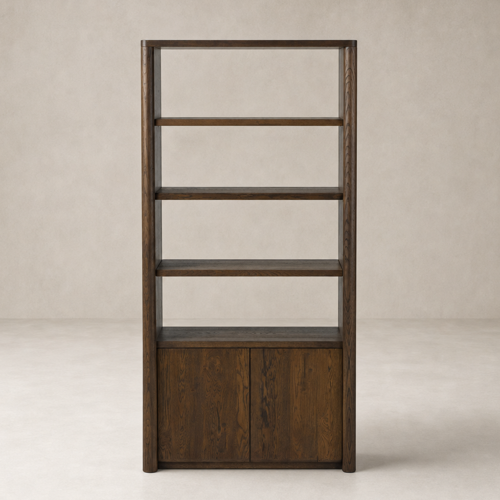 Sedona Bookcase in Tobacco Oak featuring open shelves and closed cabinetry.