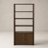 Sedona Bookcase in Tobacco Oak featuring open shelves and closed cabinetry.