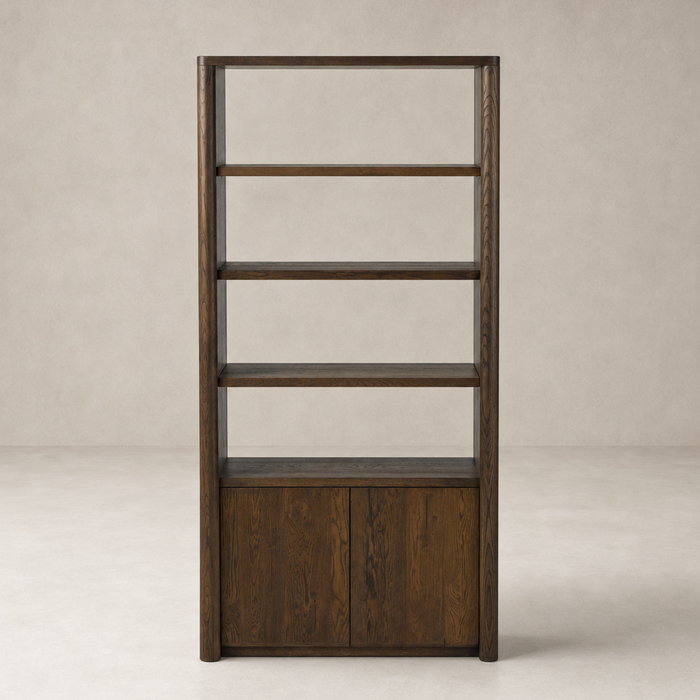Sedona Bookcase in Tobacco Oak featuring open shelves and closed cabinetry.