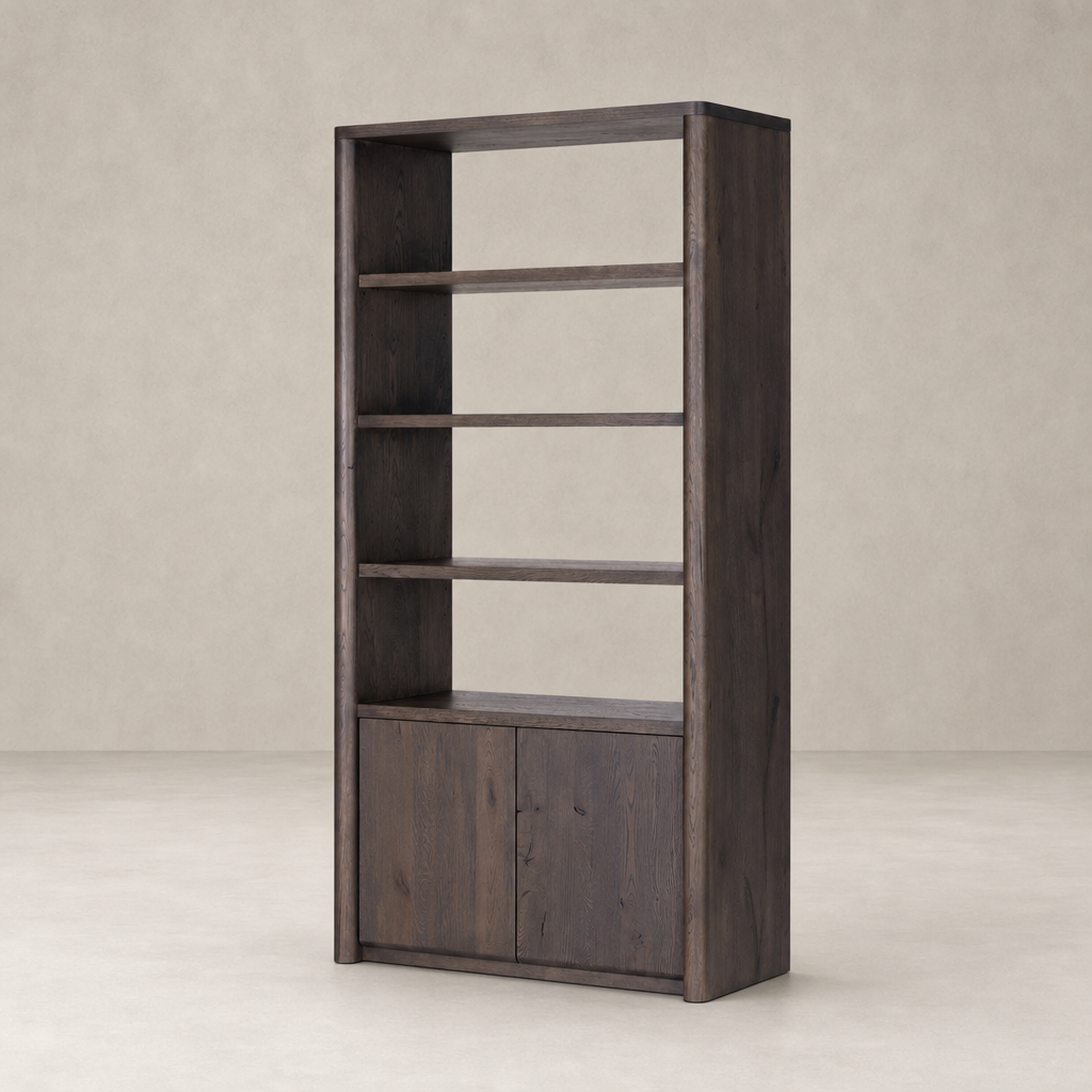 Sedona Bookcase in Tobacco Oak featuring open shelves and closed storage.