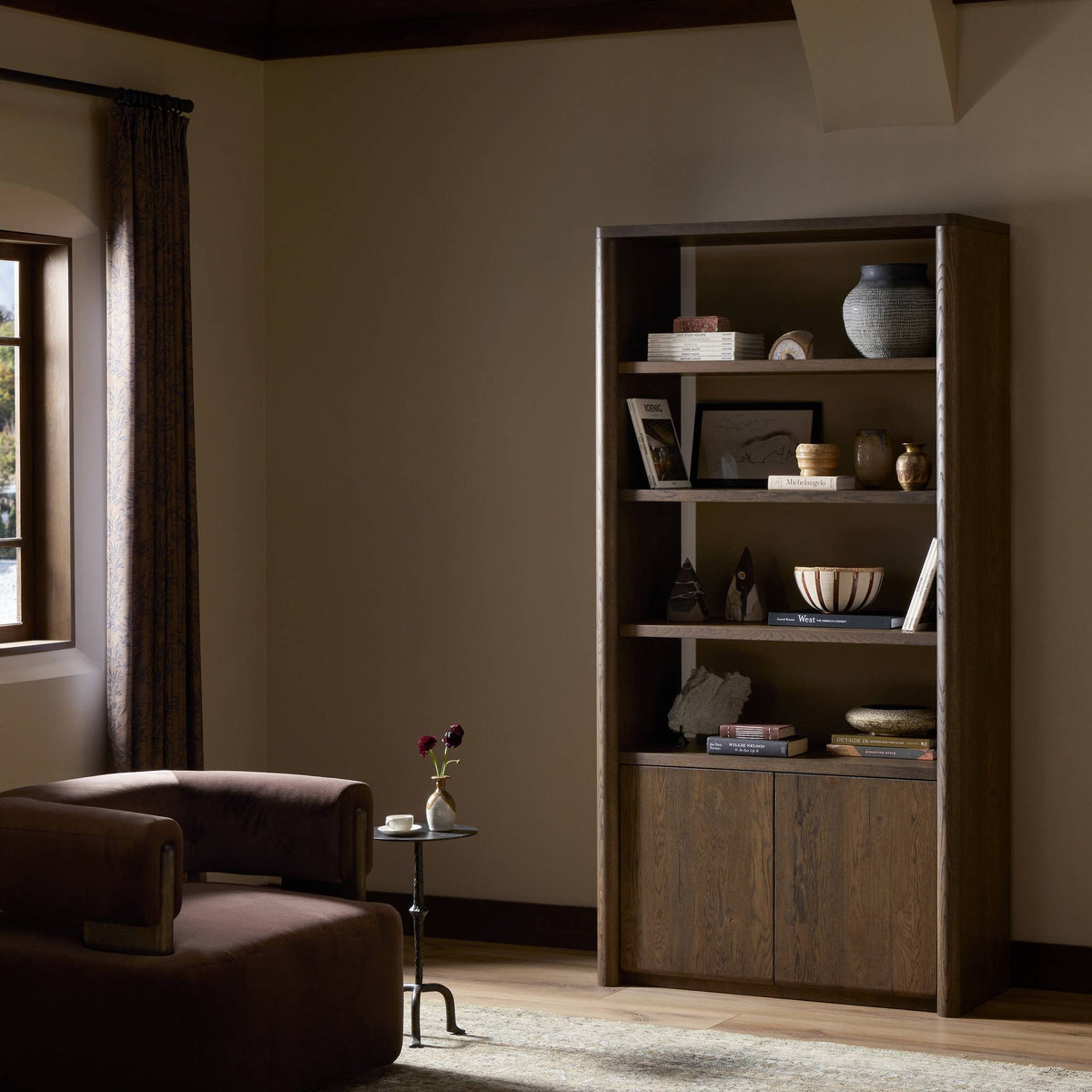 Sedona Bookcase in Tobacco Oak featuring open shelves and a sleek design.