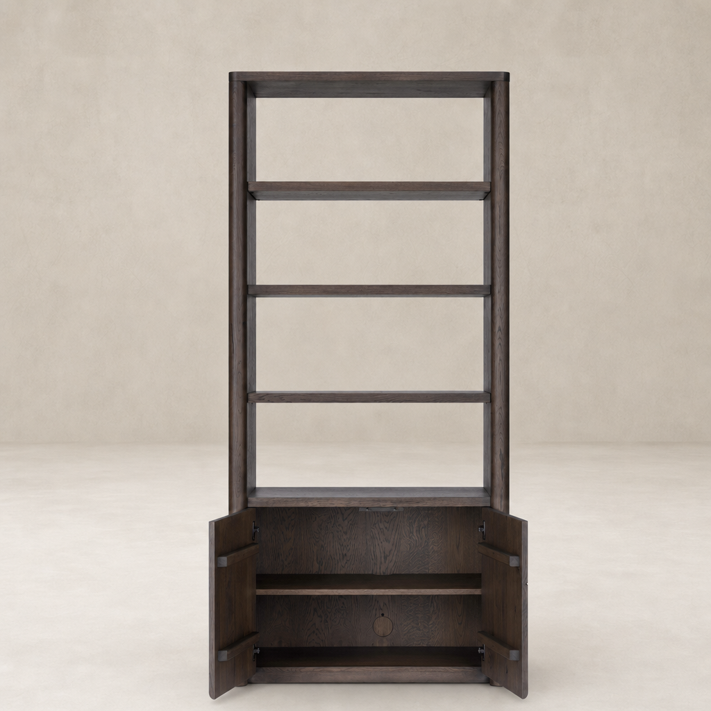 Sedona Bookcase in Tobacco Oak features open shelves and secured cabinets.