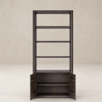 Sedona Bookcase in Tobacco Oak features open shelves and secured cabinets.