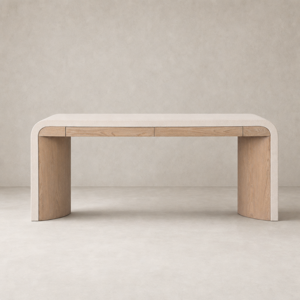 Sandy Oak Kyoto Desk with soft curves and two functional drawers.
