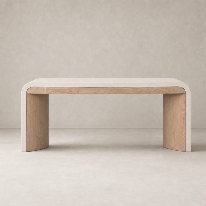 Sandy Oak Kyoto Desk with soft curves and two functional drawers.