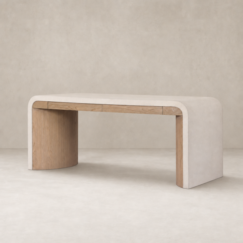 Kyoto Desk in Sandy Oak featuring smooth curves and minimalist design elements.