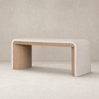 Kyoto Desk in Sandy Oak featuring smooth curves and minimalist design elements.