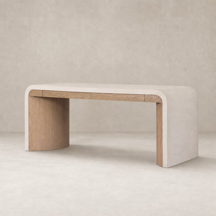 Kyoto Desk in Sandy Oak featuring smooth curves and minimalist design elements.
