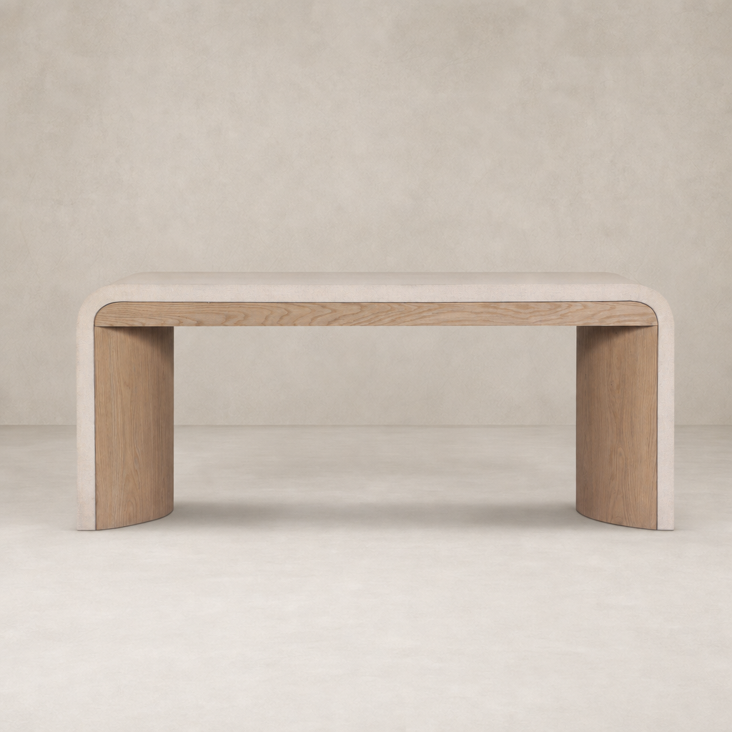 Kyoto Desk in sandy oak featuring smooth edges and a modern design.