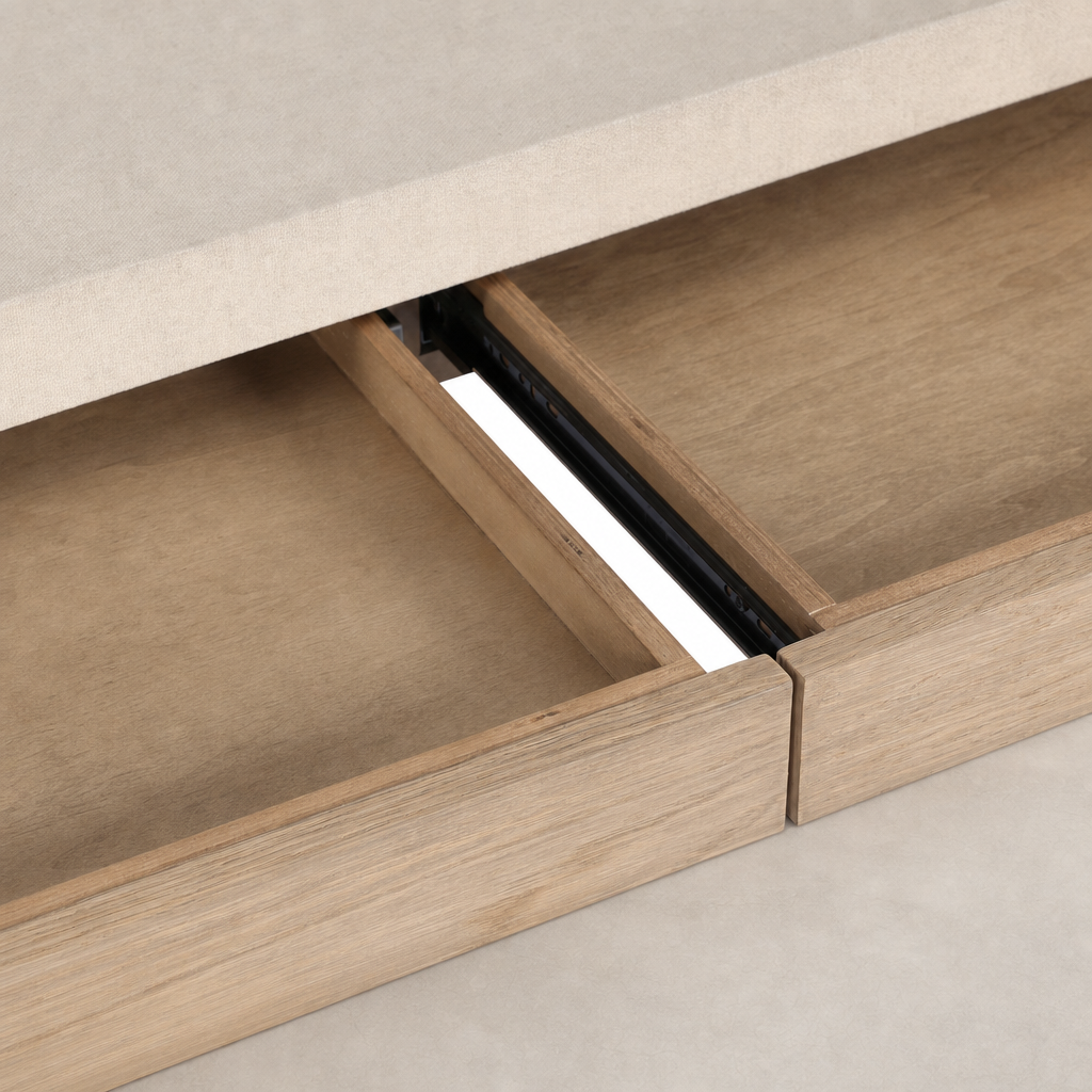 Close-up of Kyoto Desk's sandy oak drawers with smooth sliding mechanisms.