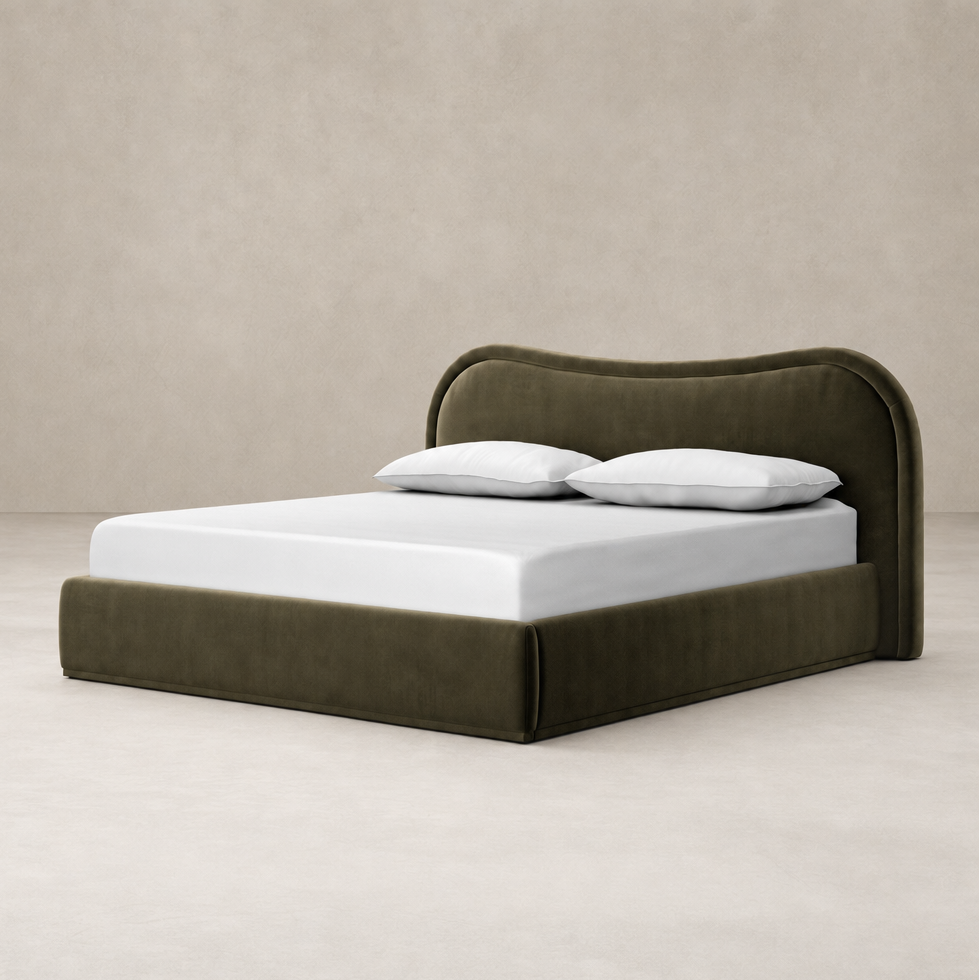 Surrey Olive bed with a curved headboard and soft upholstery finish.