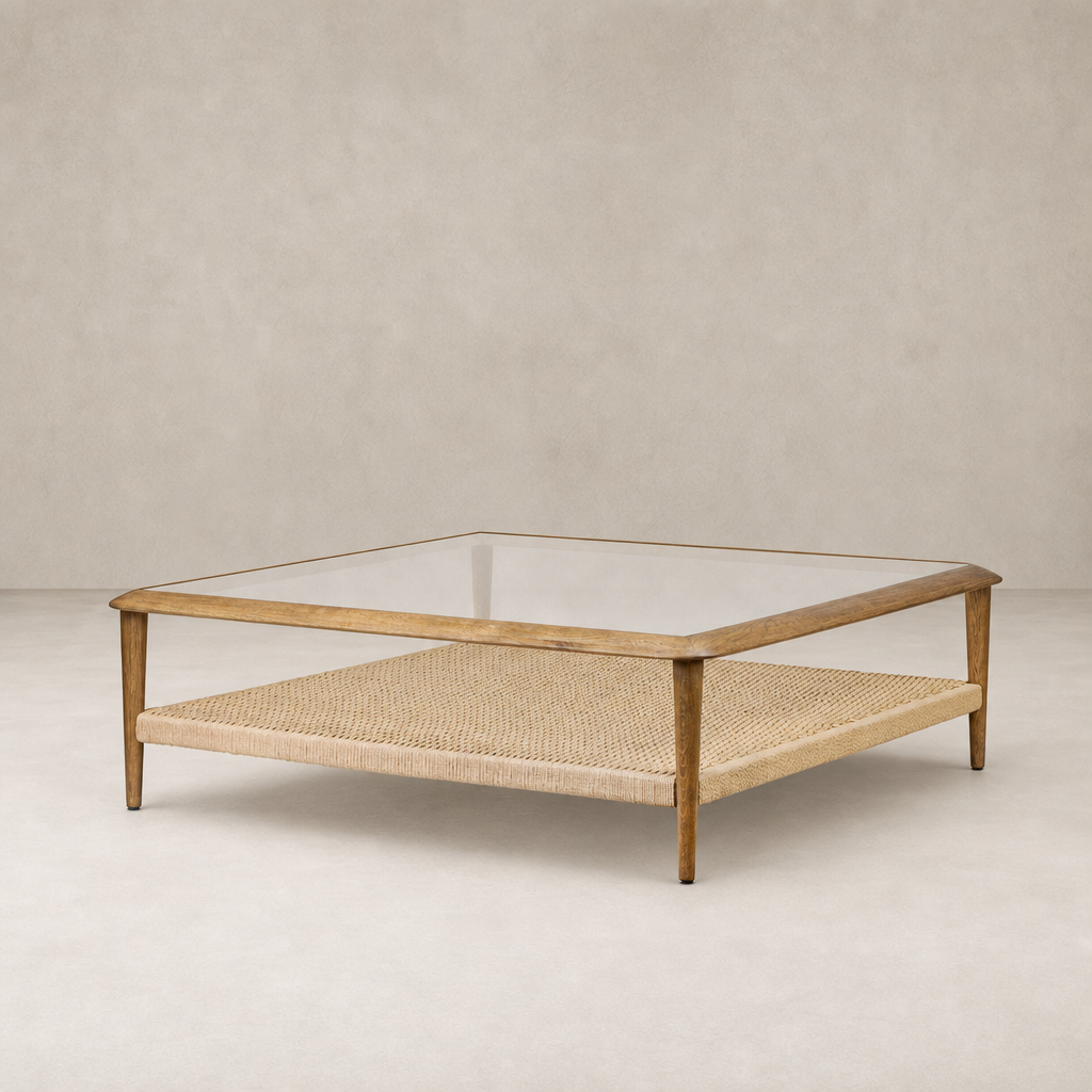 Brandy Coffee Table with tempered glass top and woven rattan shelf.