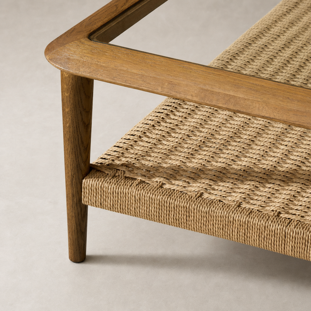 Brandy Coffee Table featuring a tempered glass top and woven natural fiber shelf.