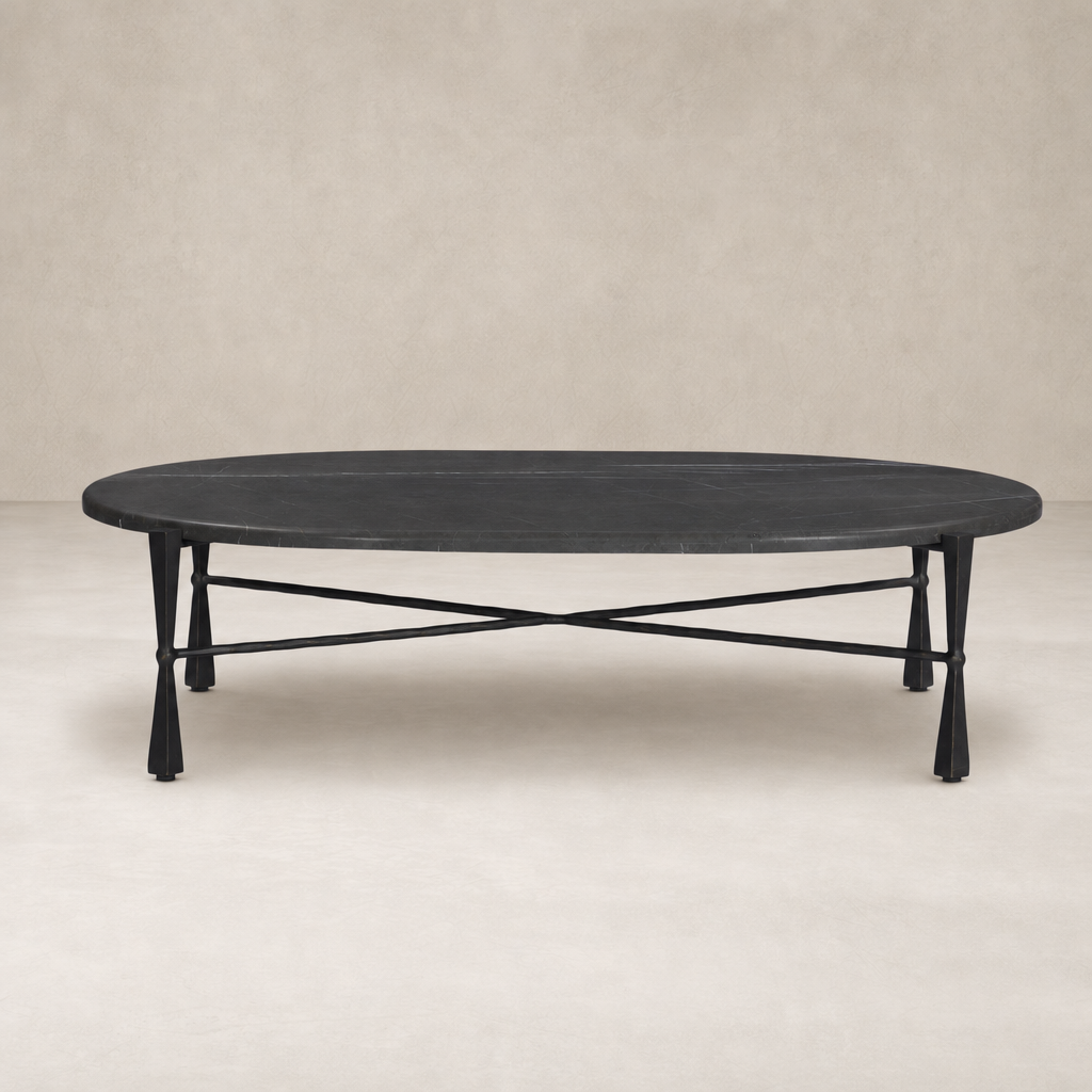Rhea Coffee Table with grey Italian marble top and unique black metal legs.