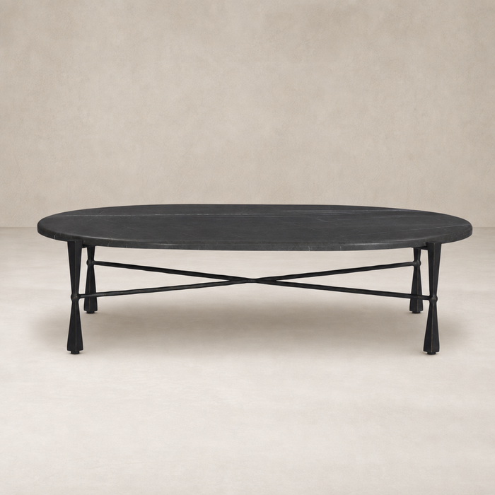 Rhea Coffee Table with grey Italian marble top and unique black metal legs.