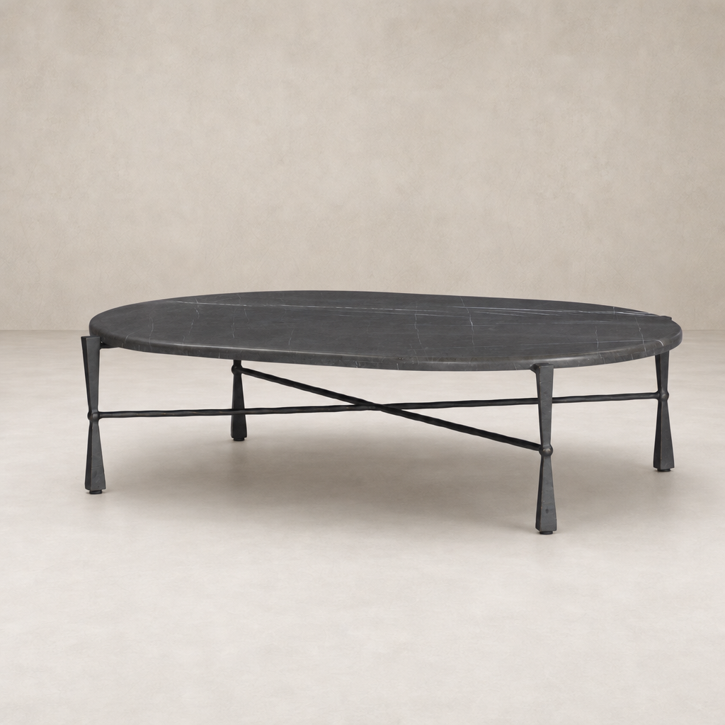 Rhea Coffee Table featuring a grey Italian marble top and sleek black legs.