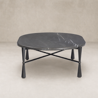 Rhea Coffee Table in grey Italian marble with elegant oval shape and sleek black metal legs.