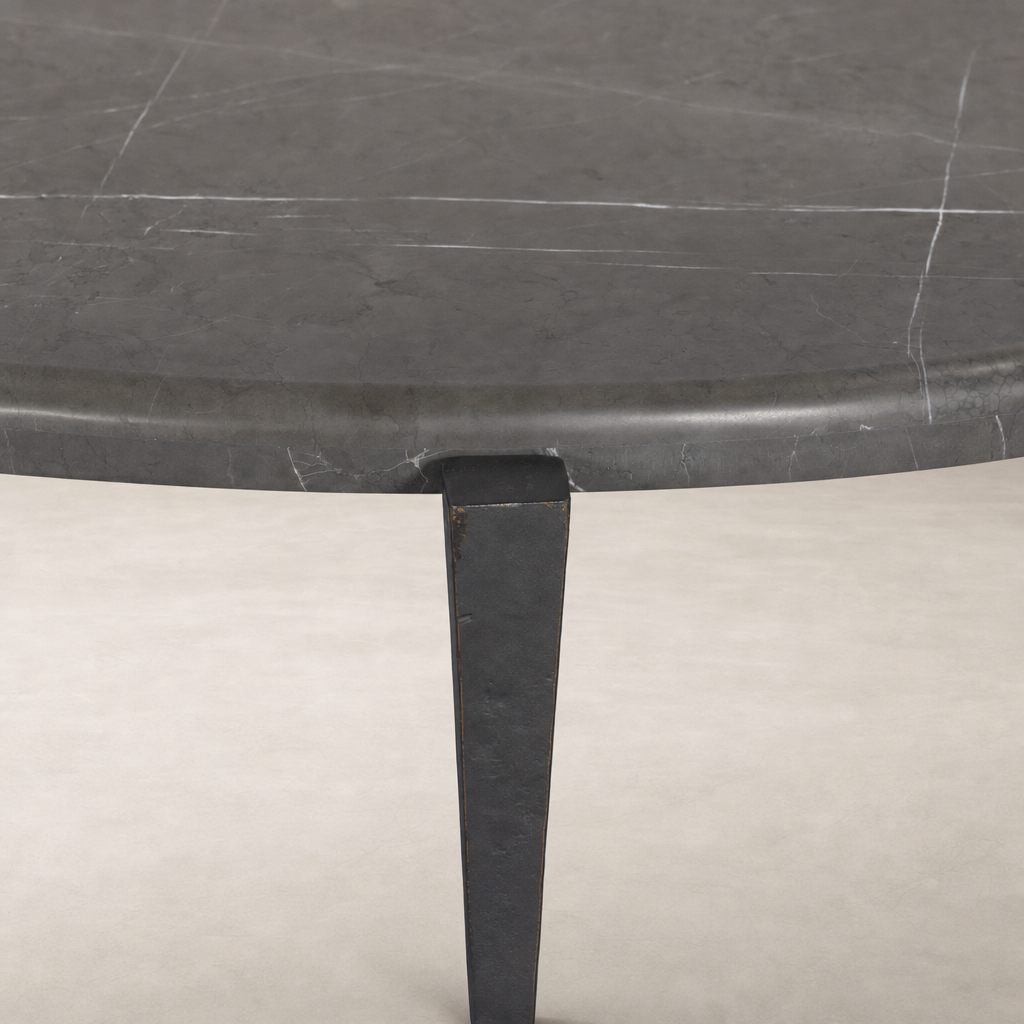 Rhea Coffee Table features a sleek grey Italian marble top with elegant tapered legs.