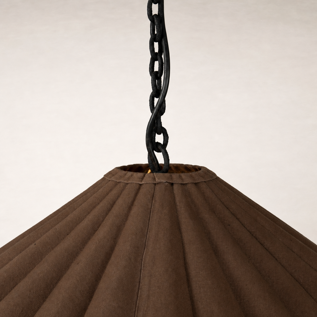 Espresso canvas pendant light with pleated design and black chain.