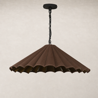 Espresso canvas pendant light with unique pleated design and black chain.
