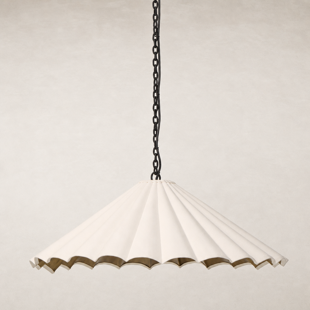 Cream canvas pendant light with scalloped edges and black chain.