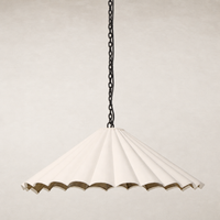 Cream canvas pendant light with scalloped edges and black chain.
