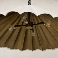 Cream canvas pendant light with a scalloped design and four exposed bulbs.