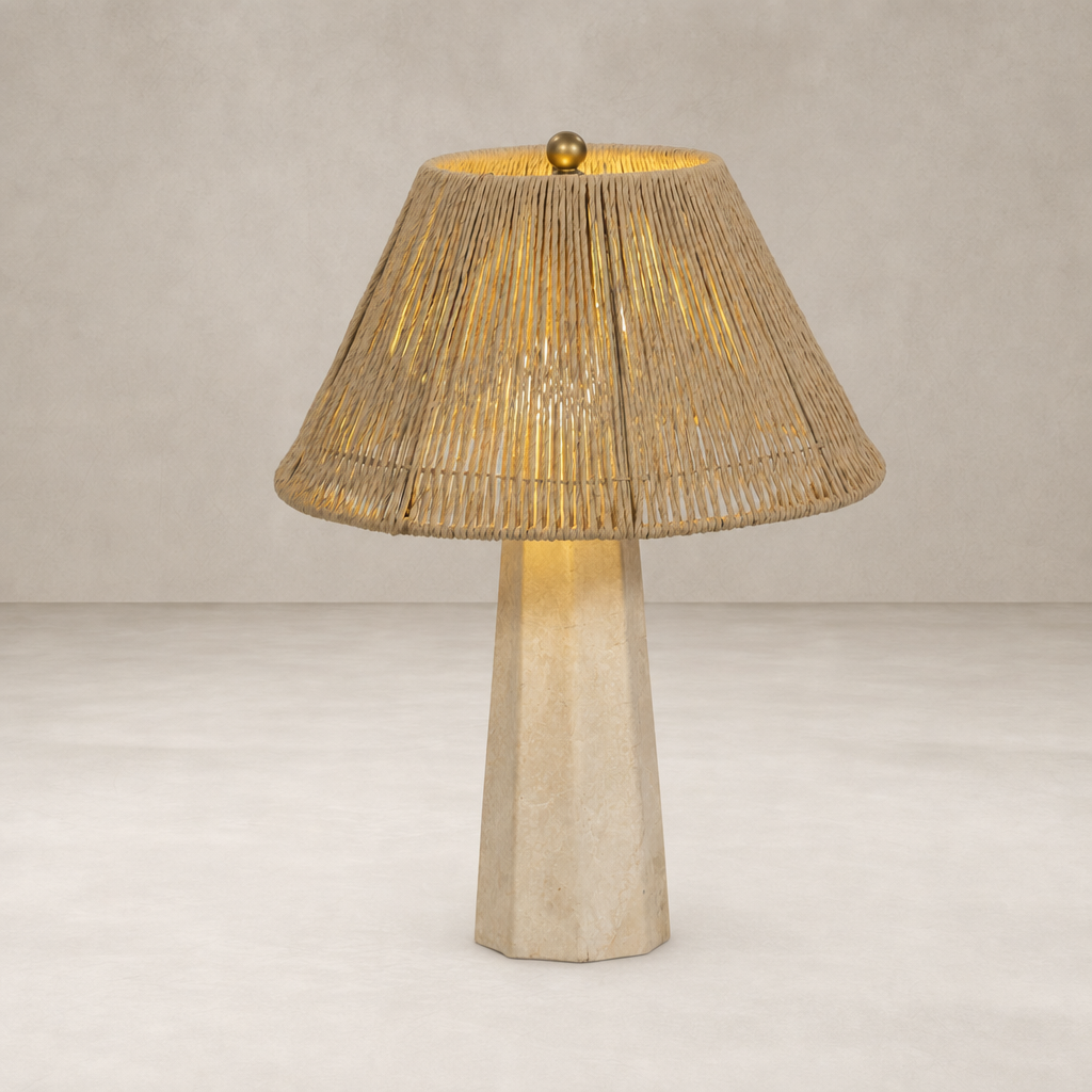 Cream Italian marble table lamp with a textured woven shade.