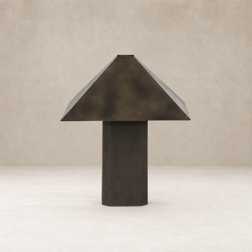 Forest green canvas table lamp with a modern geometric design and sturdy base.
