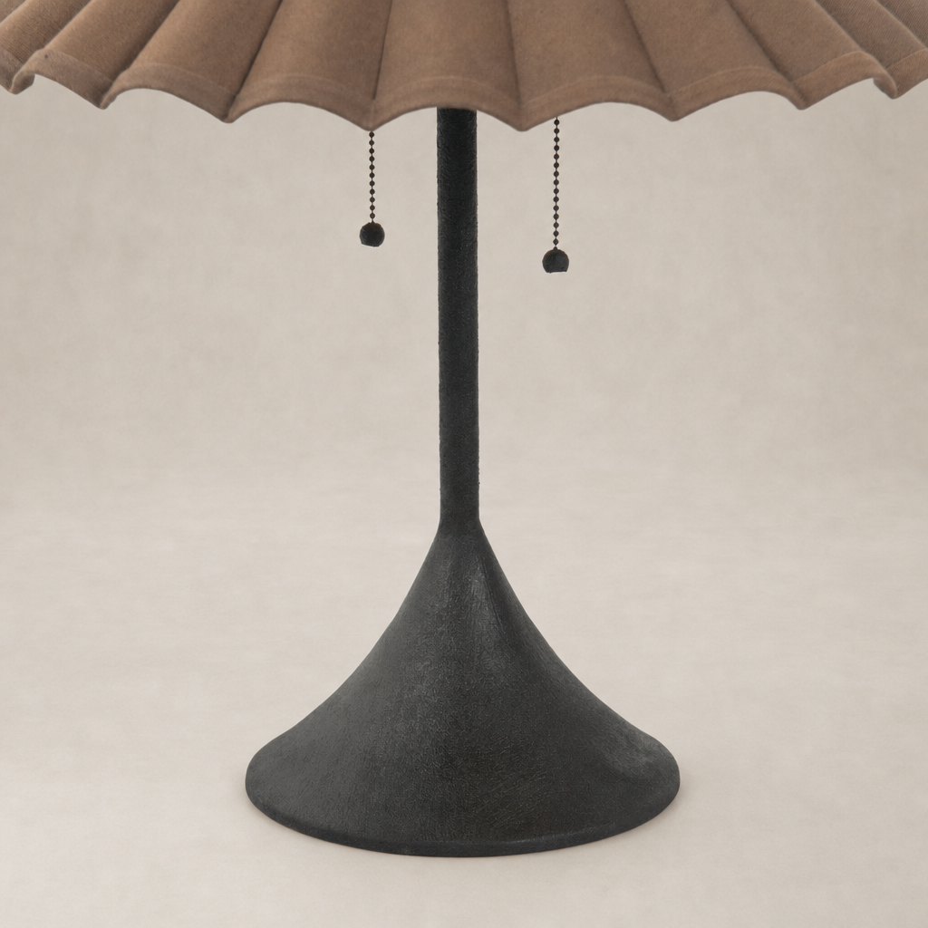 Espresso canvas table lamp with a stylish conical base and decorative pull chains.