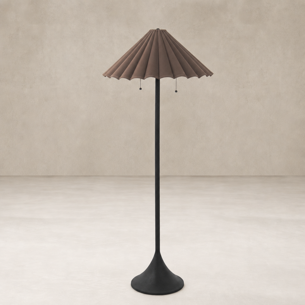 Espresso canvas floor lamp with a sleek black base and fluted shade design.