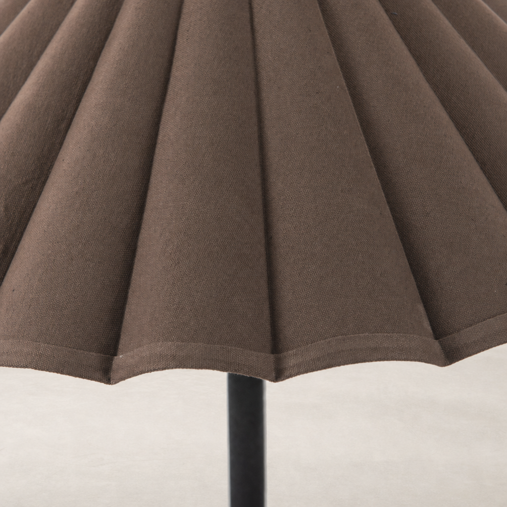 Espresso canvas floor lamp shade with pleated texture and smooth edges.