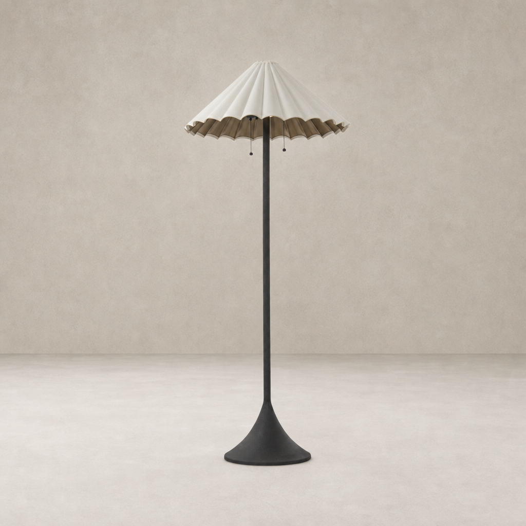 Cream canvas floor lamp with a unique scalloped shade and sleek black base.